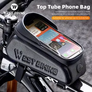 WEST BIKING Touch Screen Leather Front Tube Bag Earphone Hole 6.8 inch Bicycle Bag Waterproof Large Capacity Bike Tube Frame Bag Velcro Straps bike camping
