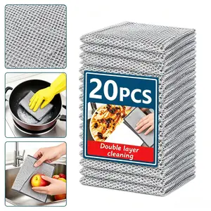 Premium Kitchen Cleaning Tool, Stainless Steel Dish Cloth, 10/20pcs Double-Layer Thickened Metal Scrub Pads, Wet-and-Dry Mesh Microfiber Wipes, Household Daily Cleaning Supplies