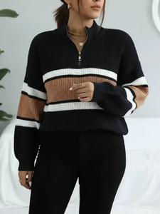 women's colorblock striped print half zip up mock neck sweater tops, casual loose drop shoulder sleeves jumper, women's fall knitwear for daily wear, back to school outfit, sweaters for women, fall outfits for women