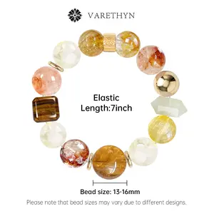Amberly Radiant Aura Crystal Bracelet Golden Rutilated Quartz Tiger's Eye Lodolite Lemon Quartz Chunky Bead  Energy Jewelry for Women for Girl Gift