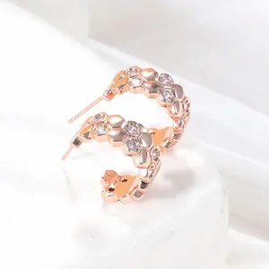 Minimalist C-Shape Earrings with Micro Pave Cubic Zirconia, S925 Silver Post, 14K Rose Gold Plated, Elegant Everyday Jewelry for Women Luxurious Finish