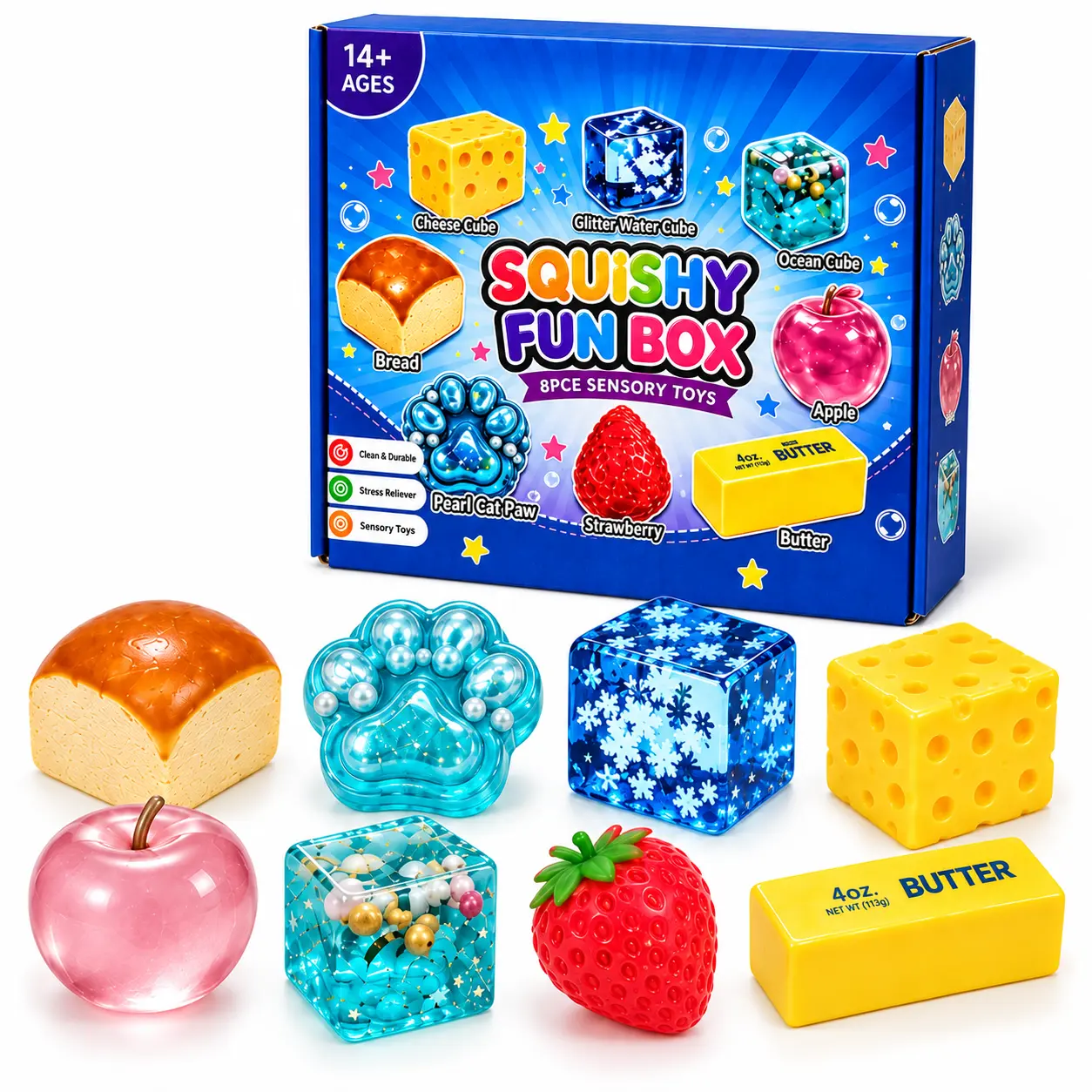 Squishy Toy Set, 8-Piece Colorful Assortment with Food Shapes, Cat Paw and Decorative Cubes, Sensory Fidget Toys for Teens 14+ and Adults to Share with Friends, Birthday Gift Box
