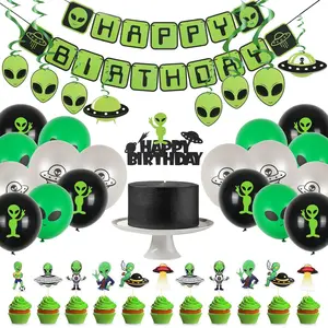 Alien UFO Birthday Party Kit: Balloons, Banner, Cake Toppers & Swirls for Kids Space Theme