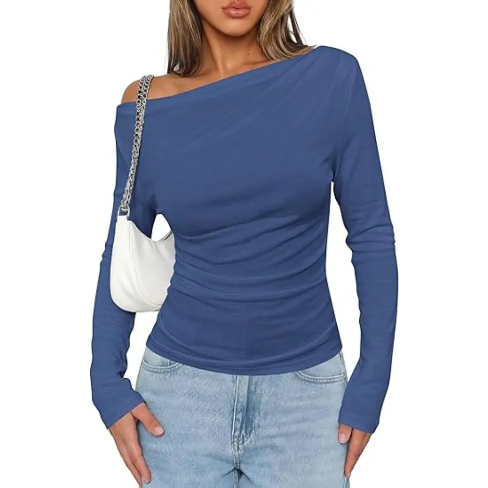 PRETTYGARDEN Off The Shoulder Tops for Women Going Out Long Sleeve Shirts Fall Casual Fitted Ribbed Ruched Y2K Clothes