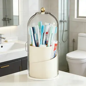 Toothbrush Holder with Lid Rotating Electric Toothbrushes Stand Dustproof Waterproof Toothpaste Dispenser Bathroom Countertop Organizer Home Essentials White Christmas Holiday Gift