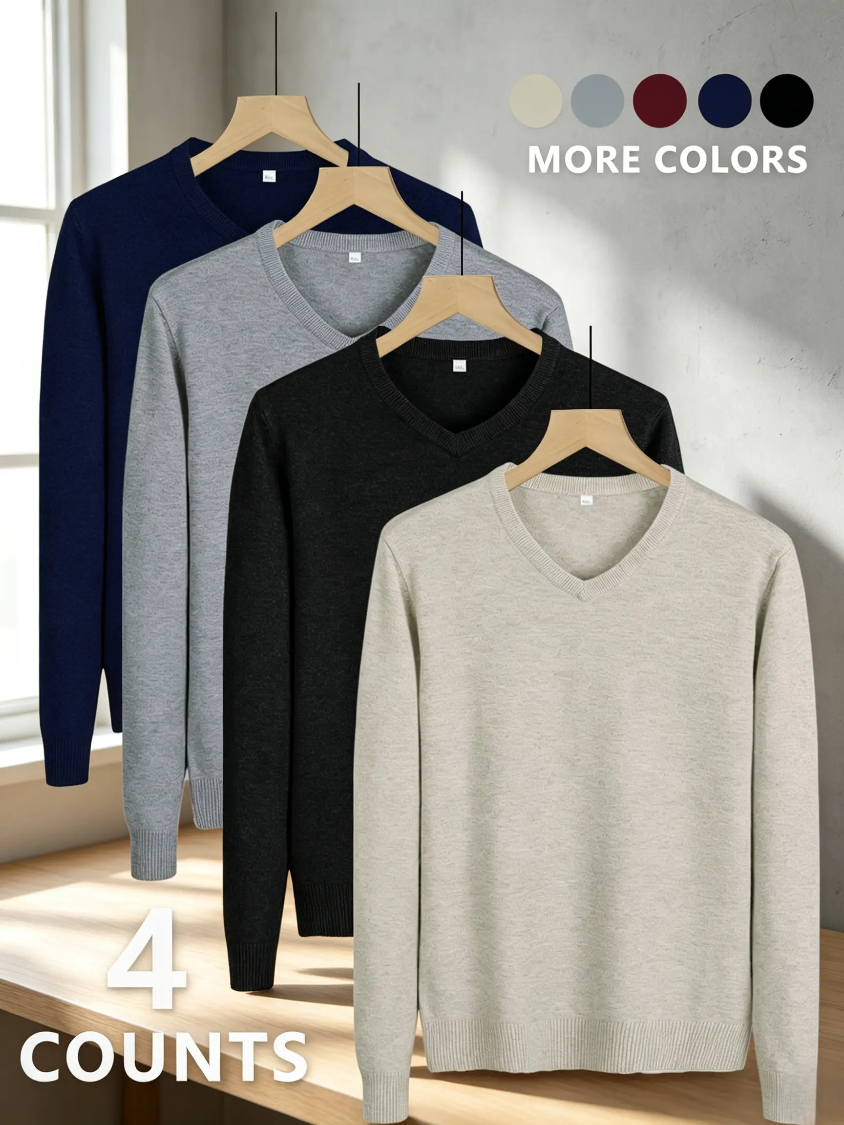 4 Pack Men's Plus Size V-Neck Sweater 3XL-6XL, Soft Stretch Ribbed Knit Pullover, Multi-Color Business Casual Layering Tops