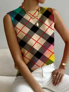 Women's Colorblock Plaid Print Stand Collar Sweater, Casual Sleeveless Knit Top for Fall Winter, Comfortable All-Season Wear