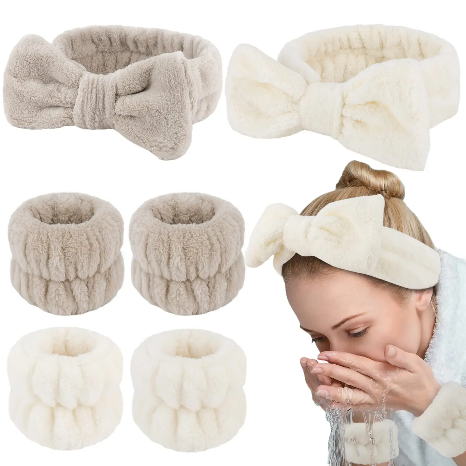 6PCS Spa Headband and Wristband Set, Face Wash Headband Makeup Skincare Headband Wrist Bands for Washing Face