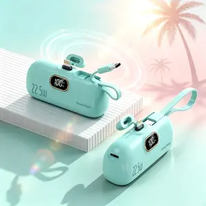 2026 New Mini PowerBank 5000mAh 22.5W Portable Charger, Fast Charge Mini Power Bank with Digital Display, Built-in Cable for Daily Travel, Easy to carry ﻿