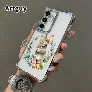 Phone Case Compatible with Samsung Galaxy S23 Ultra S24 Plus S25 S22+ FE Edge Wreath Brown Bunny Pattern Transparent Full Lens Protector Anti-slip Protective Cover