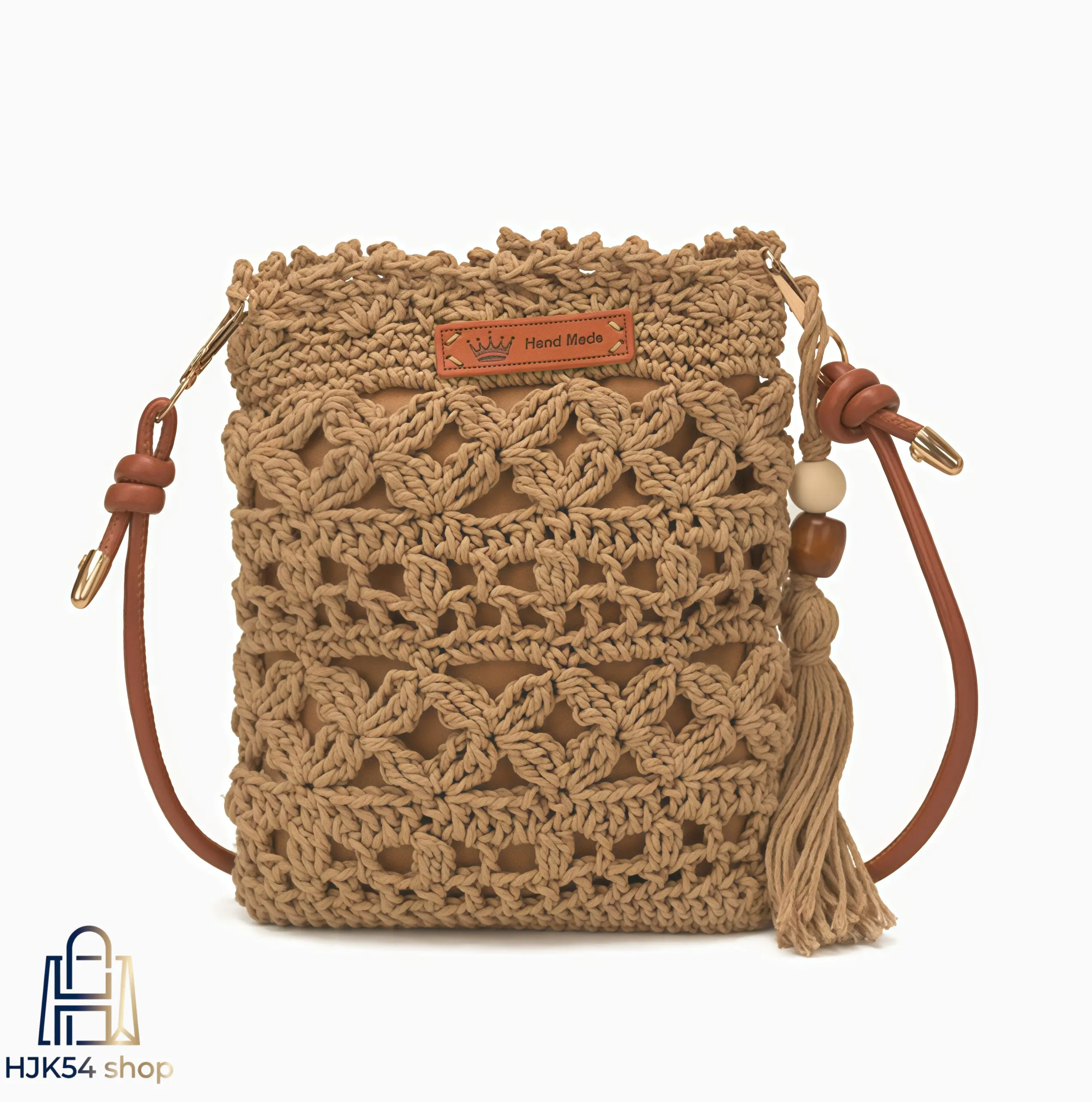 Handmade Hollow Crochet Mini Crossbody Bag, Boho Tassel Wooden Bead Woven Phone Purse, Adjustable Strap Small Knit Shoulder Pouch for Summer Beach Travel Daily Casual Outfits
