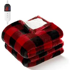 Electric Heated Sherpa Buffalo Plaid Christmas Throw Blanket with 6 Heating Levels & 4 Hours Auto Off, Fast Heating Warm Plush Washable Blanket with Over-Heat Protection, ETL Certification, Red