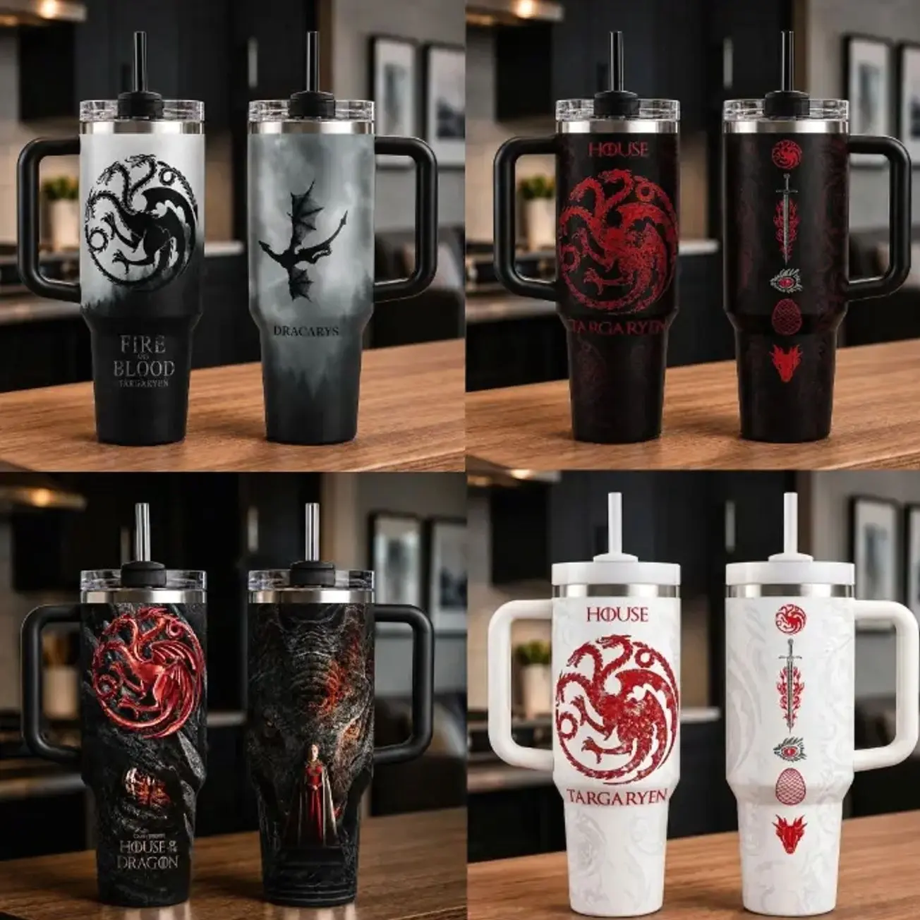 40oz House Of The Dragons Insulated Tumbler with Handle and Straw, Double Wall Vacuum Insulated Travel Mug, Trendy Collector Drinkware