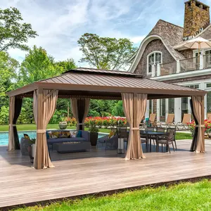 14'x20' Wooden Finish Hardtop Gazebo, Aluminum Frame with Galvanized Steel Double Roof & Curtains Nettings for Patio Garden