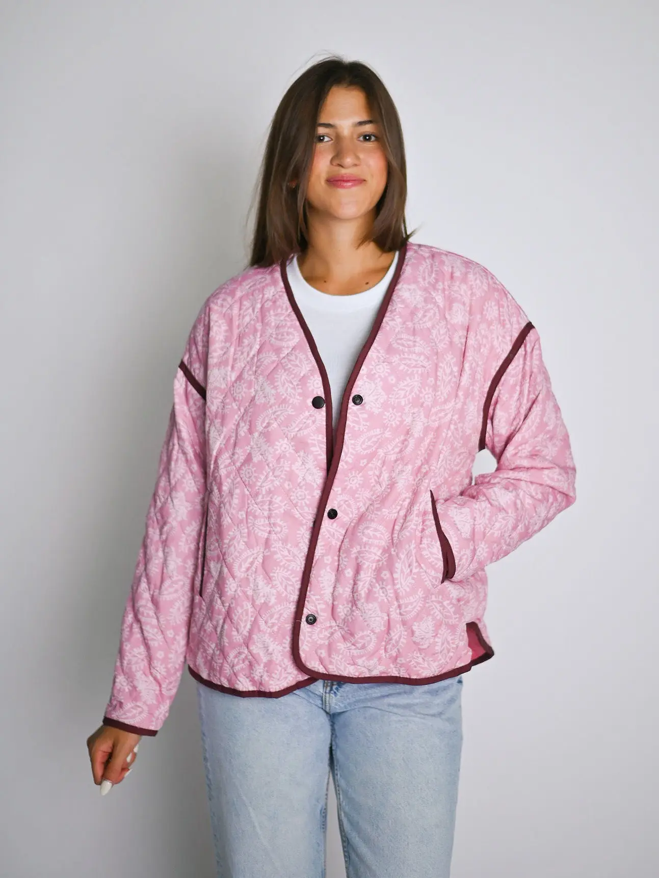 Pink Paisley Quilted Jacket - HoneyPlum Coats Casual Long Sleeve