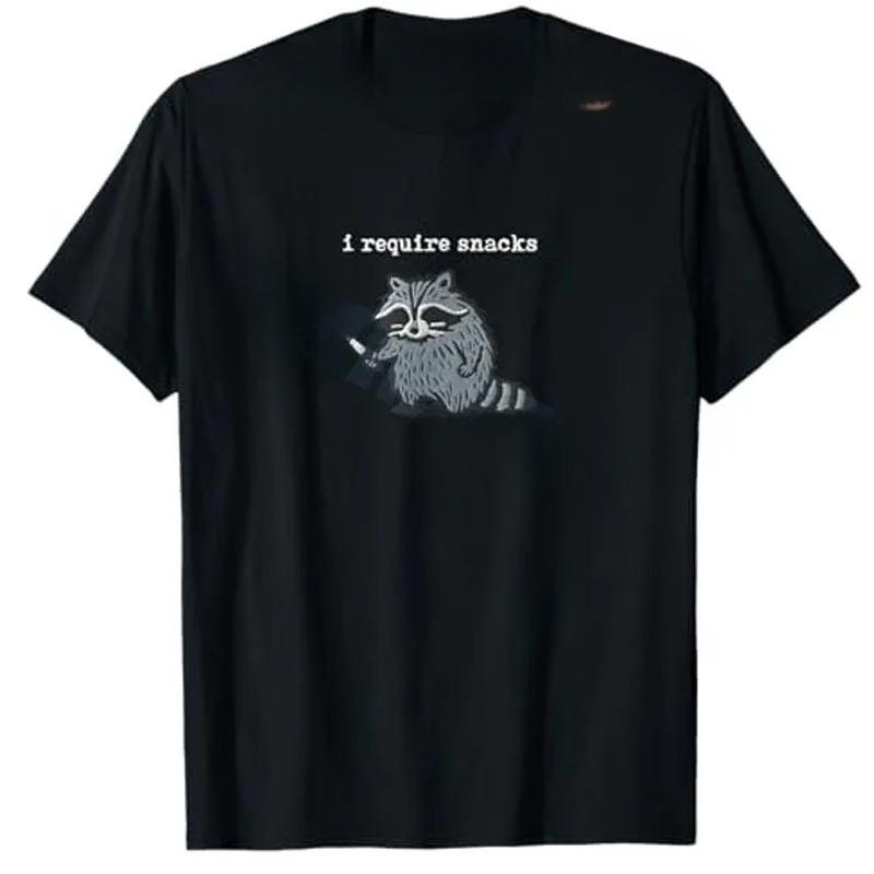 I Require Snacks Raccoon T-Shirt Humor Funny Cute Animal Print Y2k Design Tees Graphic Outfit Short Sleeve Blouses Novelty Gift