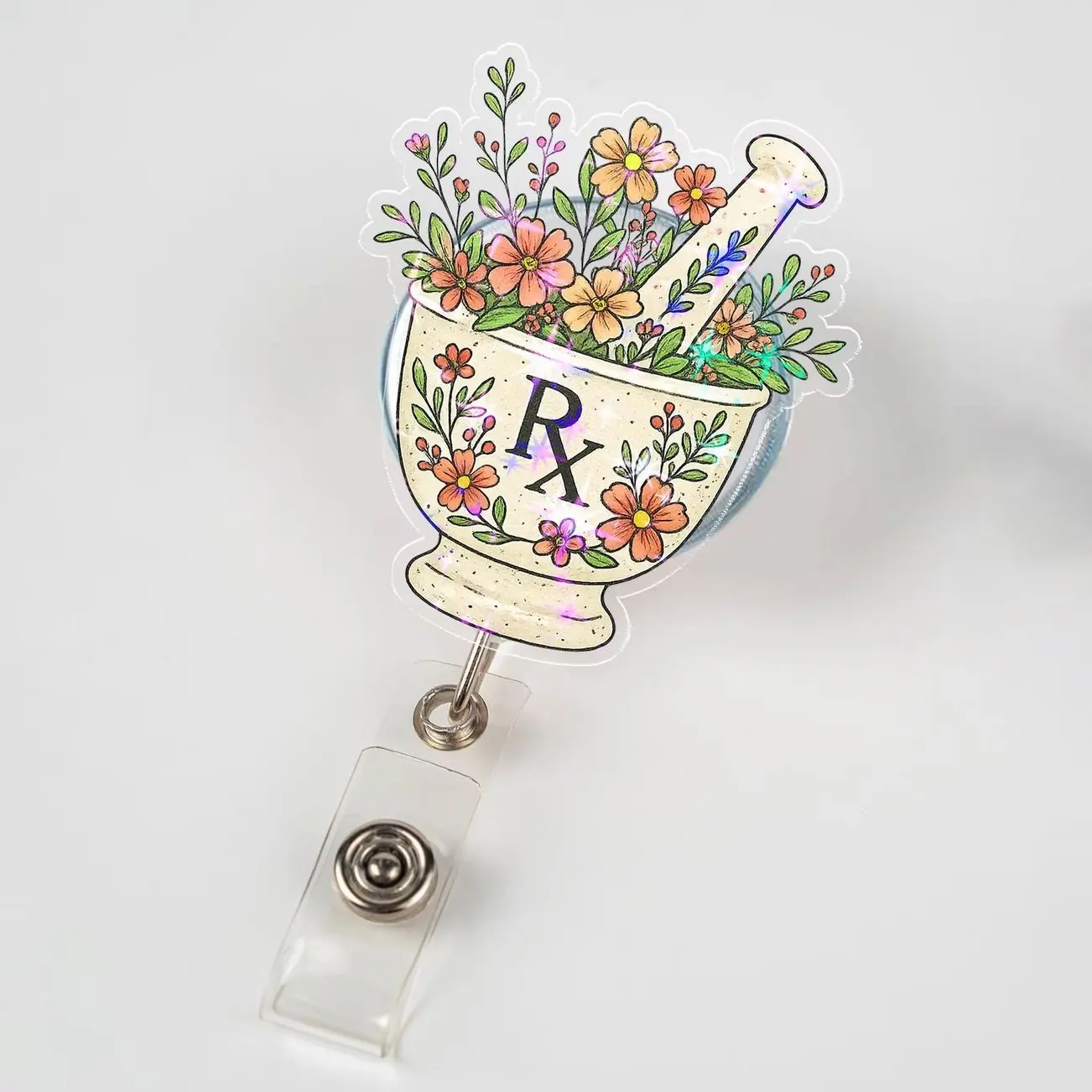 Floral RX Bowl Badge Reel, Pharmacist Badge Reel, Pharmacy Tech ID Badge Clip, Gift For Pharmacy Students