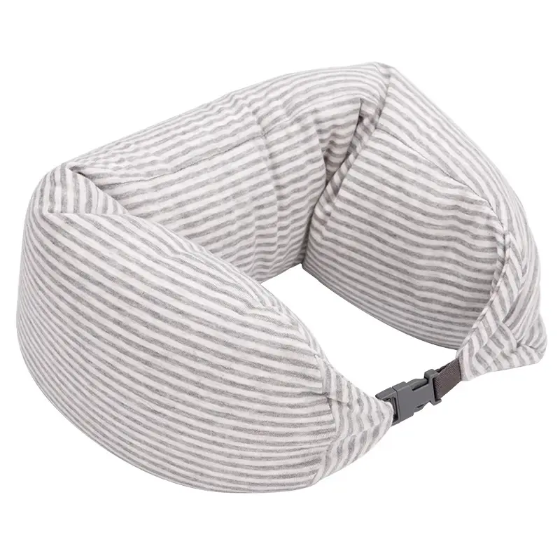 MINISO Light Gray Striped Bread Foam Particle Neck Pillow, Adjustable Buckle Travel U Pillow, Soft Comfort Support Cushion for Flight Car Office Nap