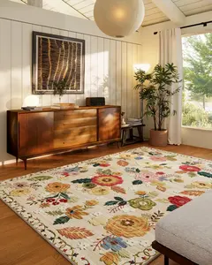 5x7 Area Rugs for Living Room: Machine Washable Rug for Bedroom Non Slip Low Pile Soft Faux Wool Non Shedding Distressed Vintage Floral Carpet for Dining Room Kitchen Entryway Farmhouse Office Indoor