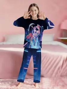 Cyber City 2-piece Girls' Digital Print Long-sleeve Sleepwear with Extra-long Sleep Pants, made of flame-retardant fabric. This fashionable and trendy casual sleepwear set is soft and comfortable, ideal for sleeping and home leisure. 100% polyester, perfe