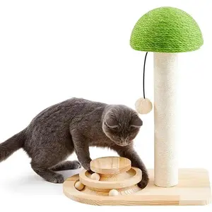 Cat Scratching Post, Mushroom Cat Scratcher with Sisal Ropes, Interactive Track Ball Toy, 2-in-1 Wood Scratch cattree