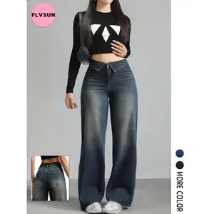 Flvsun- Women's Wide Leg Jeans High Waist Baggy Jeans Loose Fit Casual Trendy Denim Pants Y2k Boyfriend  Wide Leg Baggy Jeans for Women Casual Loose Denim with 4 Traditional Pockets   Blue Womenswear Bottom Trouser Streetwear Comfort Wideleg