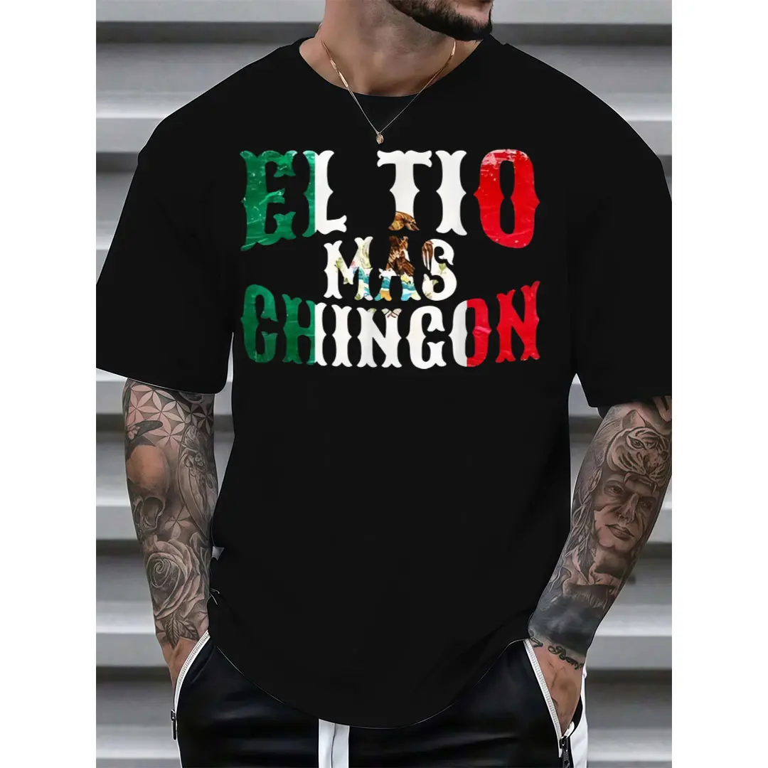 Men's Cotton Short Sleeve Crew Neck Graphic T-Shirt - 'EL TIO MAS CHINGON' Digital Print, Regular Fit Sporty Chic Menswear for Warm Weather, Machine Washable Athletic Top