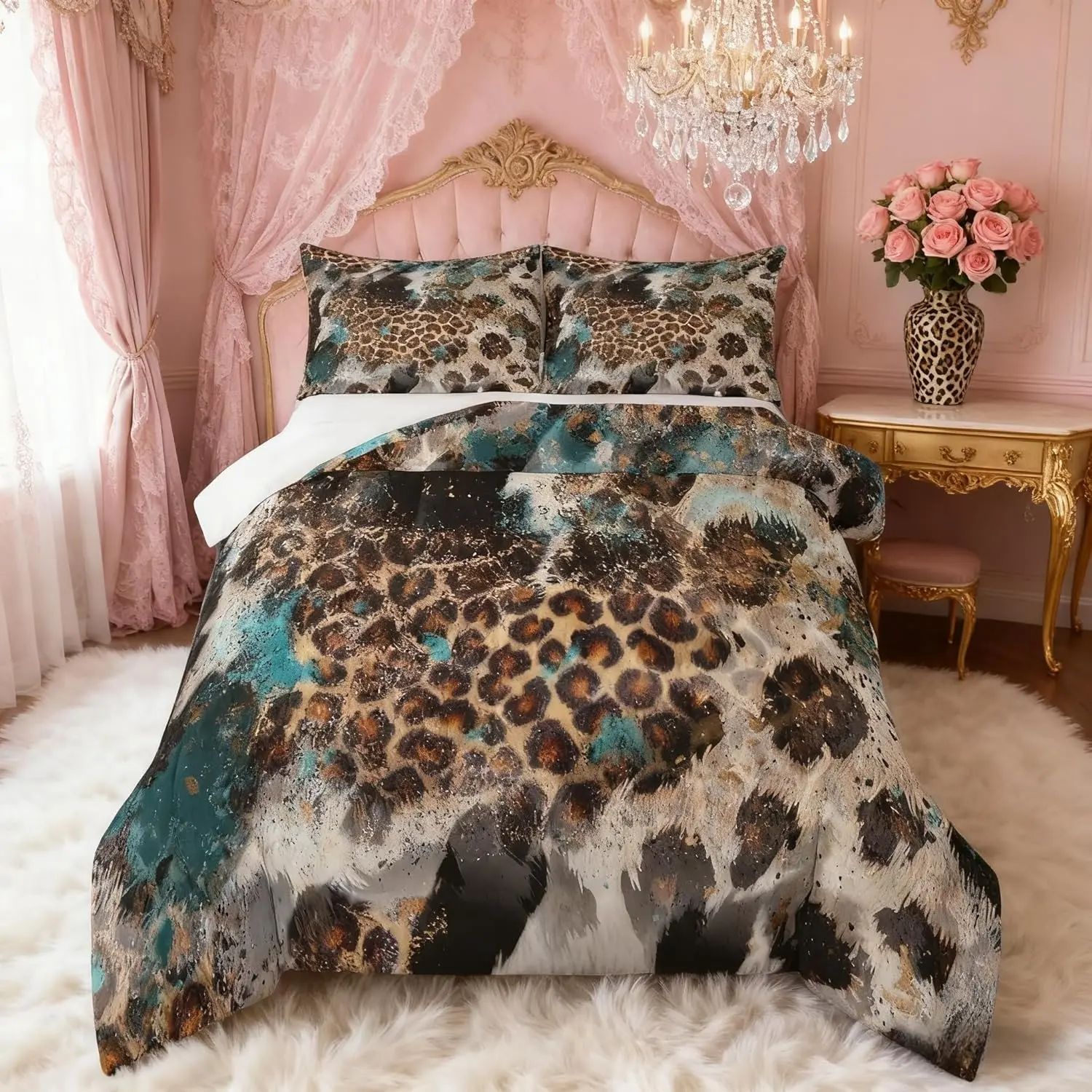 Feelyou Leopard Print Comforter Set - Black White Cow Fur Texture Down Duvet Insert, Abstract Animal Skin Bedding for Adults' Bedroom Home Decor, Rustic Farmhouse Style