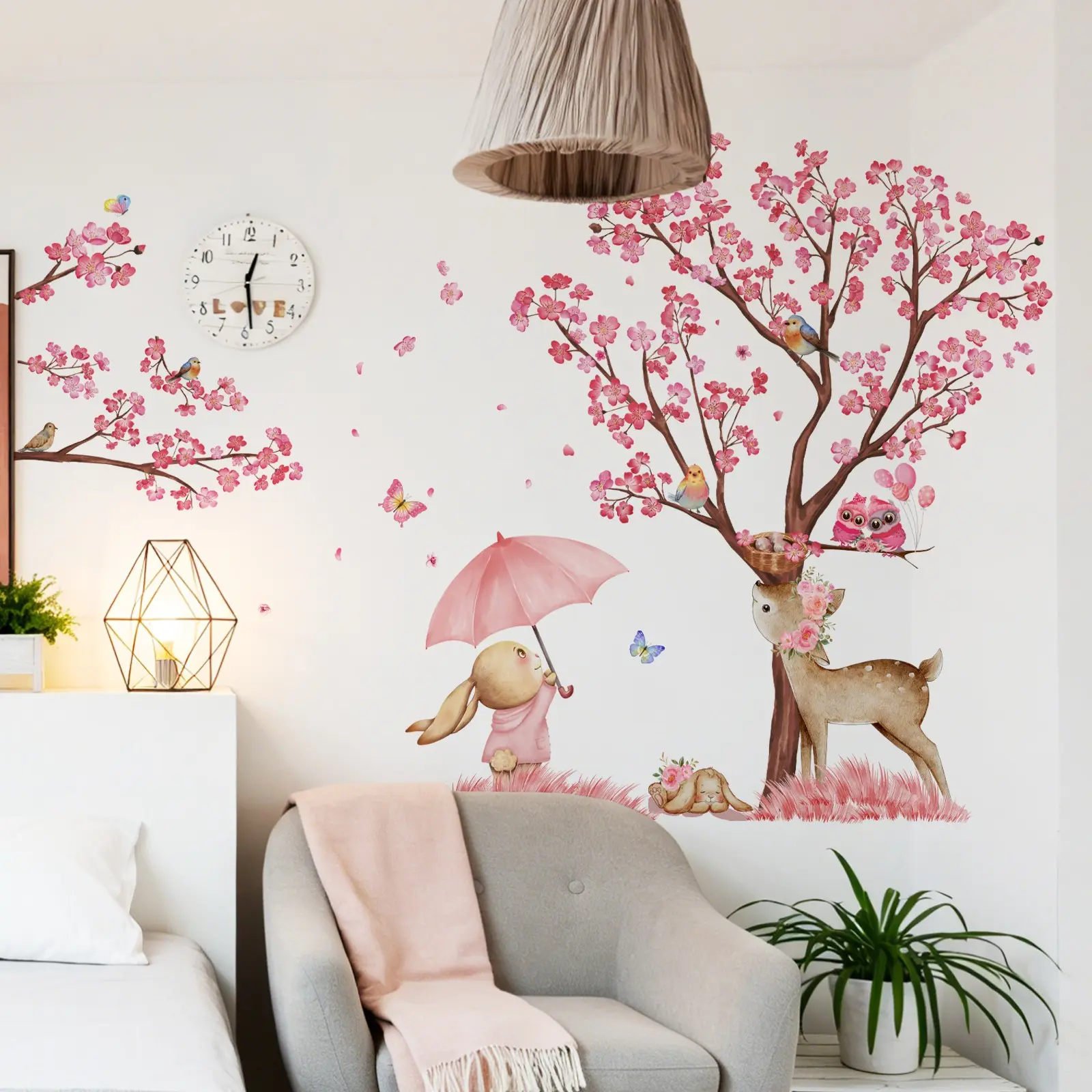 A set of three (30*90cm*3pcs) creative pink big tree and small animal spring and summer wall stickers for decorating home, living room, entrance, corridor, bedroom, and bathroom background walls, Decorative Sticker, model M15024, Wall Decal Decoration
