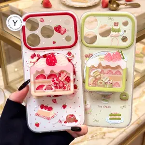Cute Strawberry Matcha Cake Shaker Phone Grip | Aesthetic Dessert Floating Liquid Griptok | Kawaii Acrylic Moving Glitter Phone Stand Holder Top for Girls
