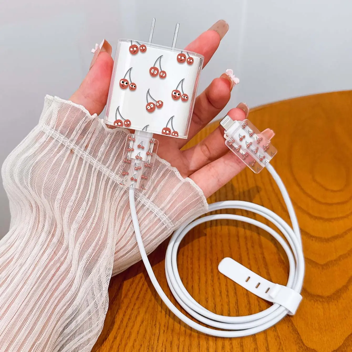 Transparent Charger Case with Cherry Smile Design, Clear Data Cable Organizer Set, Compatible with Apple 11-17 Pro Max, 20w/18w Adapter
