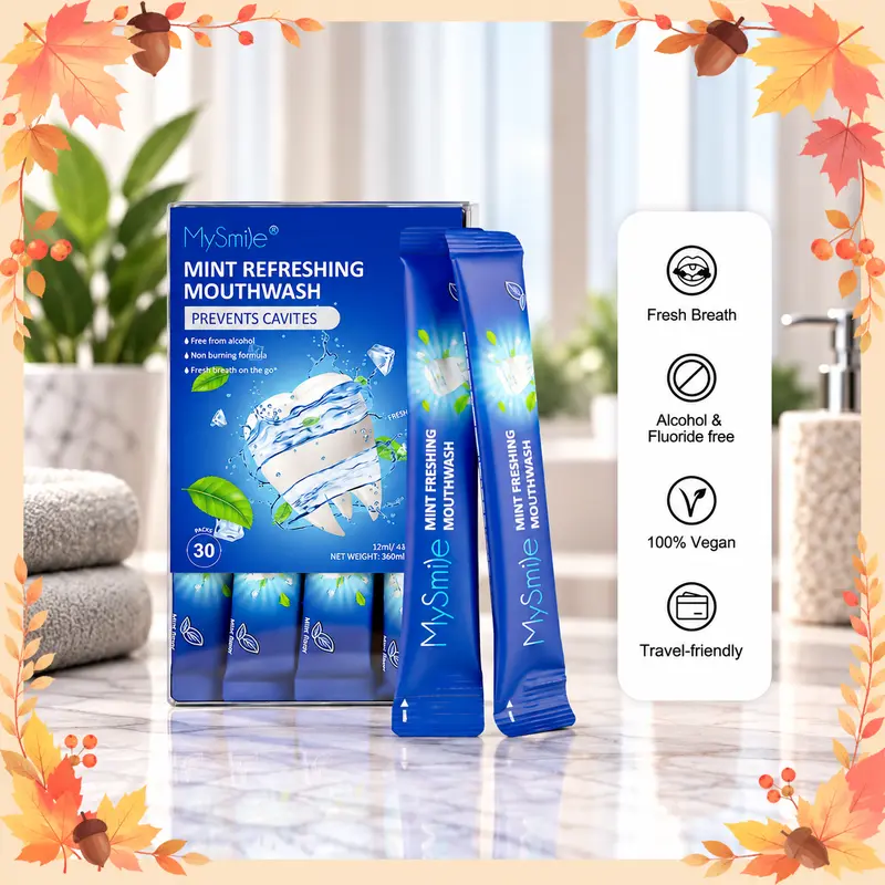 MySmile Alcohol-Free Whitening Mouthwash - Oral Rinse, Bad Breath Killer, 0.41 Fl Oz Travel Size, Mint Flavor, Natural Teeth Whitening, Fluoride-Free, 99% Germ Killing, Cavity Prevention, Unisex Adults' Purse Mini Toiletries, Pack of 30, Dates-Ready