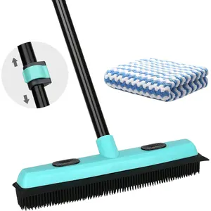 Rubber Carpet Rake for Pet Hair Removal, Fur Remover Broom with 59" Telescoping Long Handle, Pet Hair Broom with Squeegee for Carpet, Hardwood Floor, Tile Cleaning