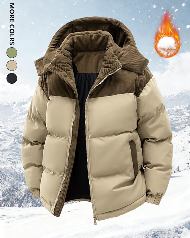 Men's winter hooded casual fluffy wool-lined cotton jacket with detachable pocket cap, warm color-block cotton coat suitable for various occasions such as daily casual wear and weekend outings. style