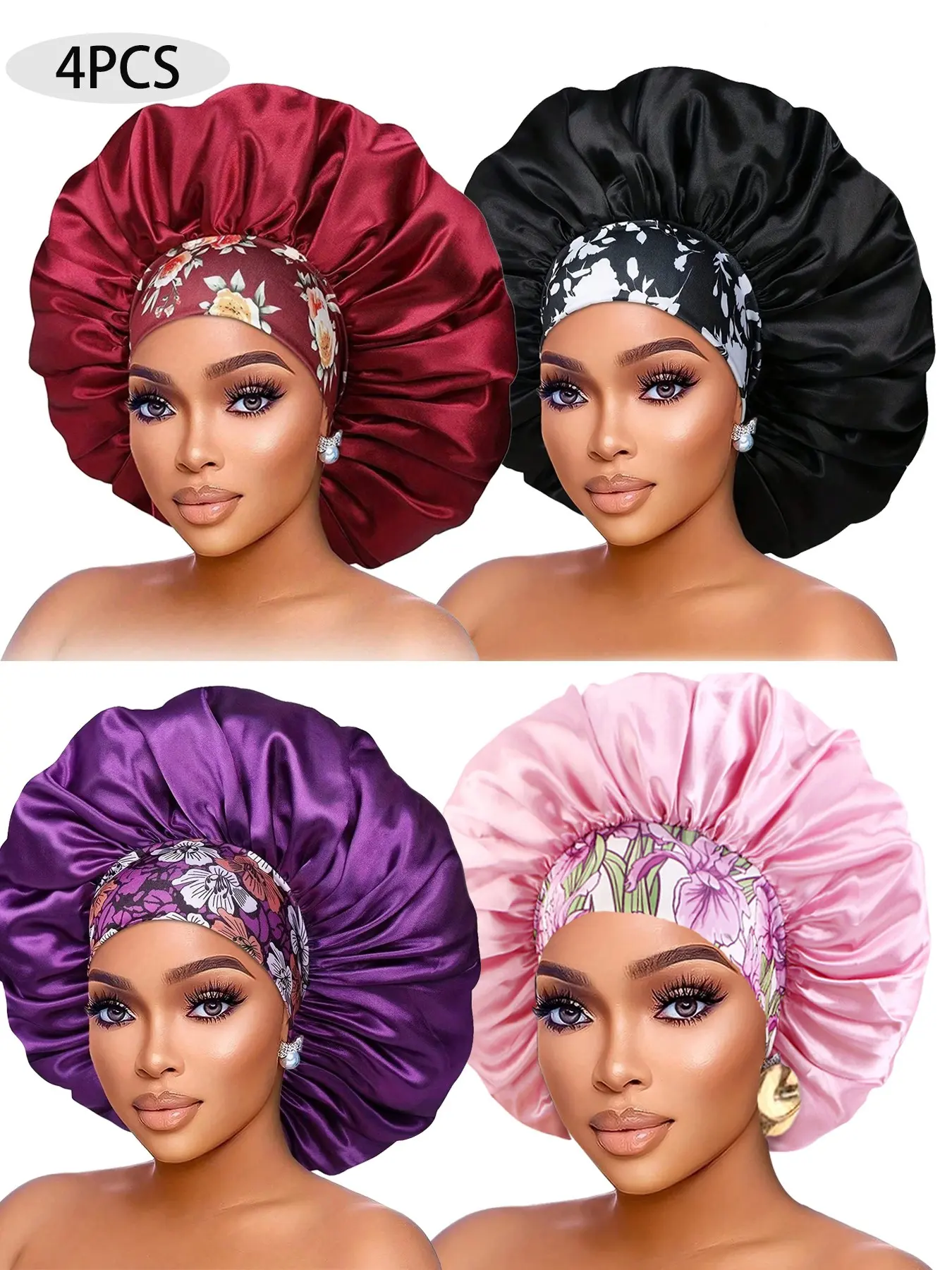 4pcs Women's Plain Color Bonnet, Casual Fashion Ditsy Floral Print, Soft Comfortable Sleeping Bonnet, Hair Cap for Sleep, Bonnets for Women & Girls, Haircare, Hair Wraps