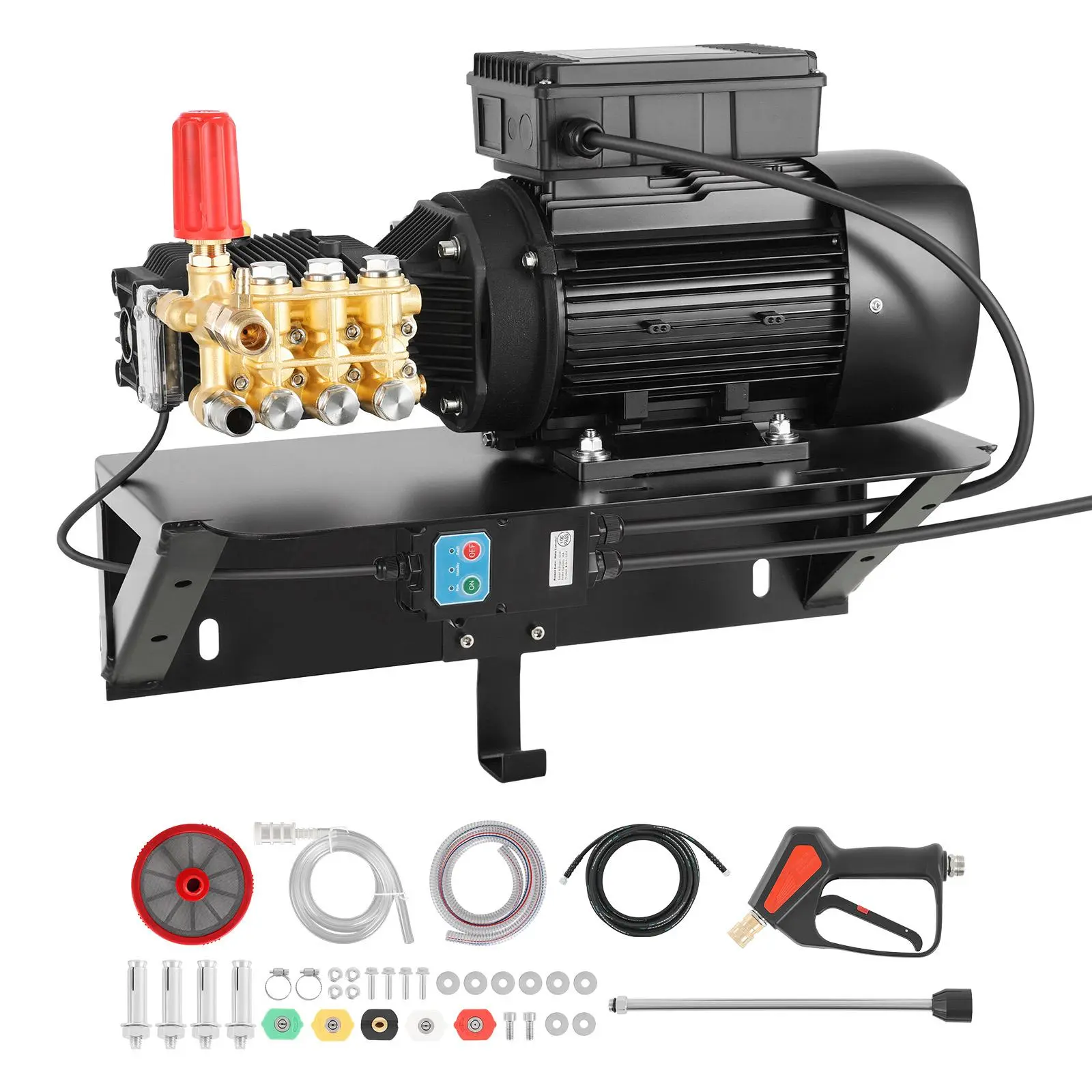 VEVOR Electric Pressure Washer Pump Kit with 2 HP 120V Motor, 1220 PSI 2.2 GPM Triplex Pump, Brass Head, Ceramic Plunger, Adjustable 3/4" Inlet, 3/8" NPT Outlet, Wall Mount Bracket, Spray Gun, Wand, Hose, 5 Nozzles for Car, Driveway Cleaning