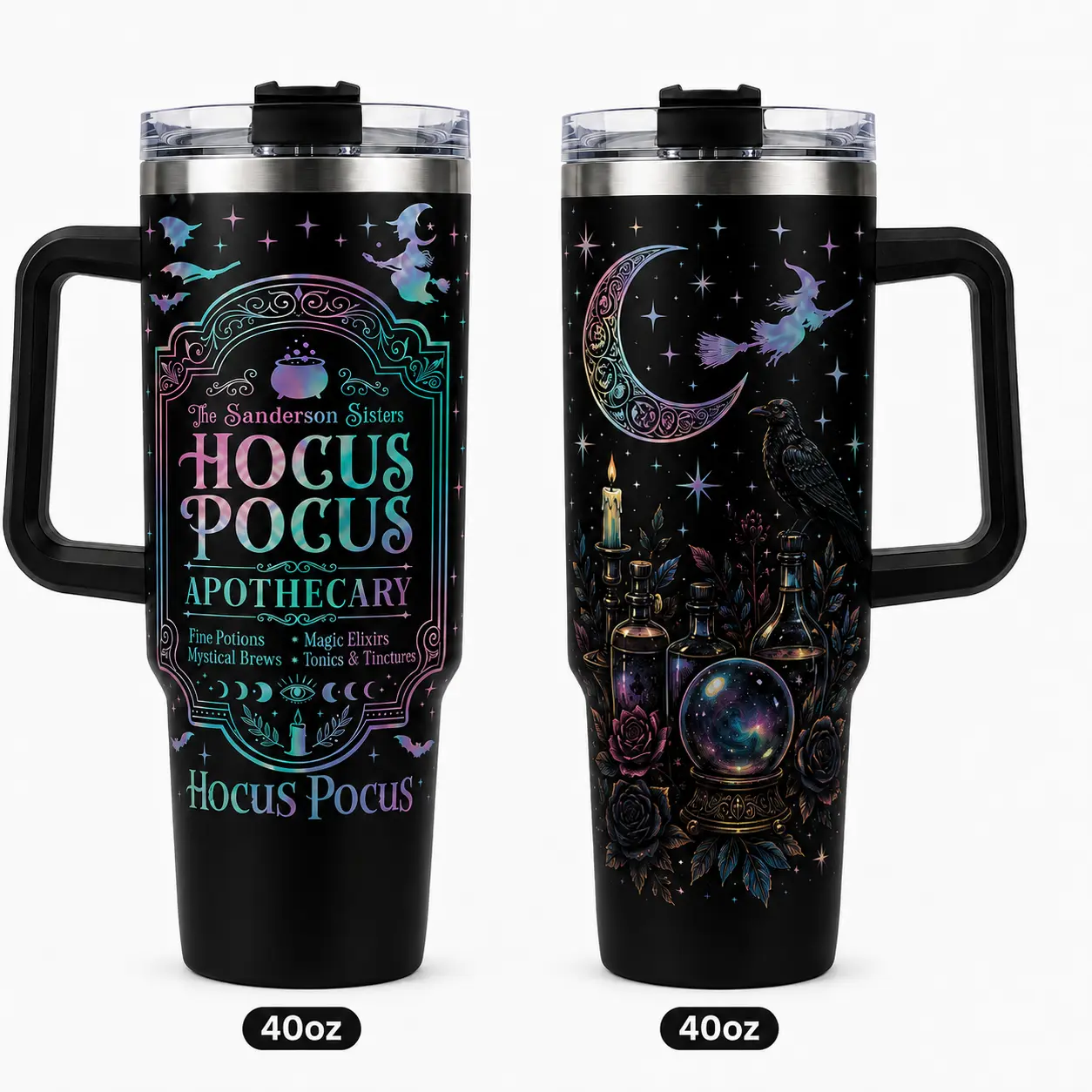 40oz Stainless Steel Insulated Tumbler with Handle and Straw,  Sisters Apothecary Witch Printed Travel Cup, Halloween Gift for Fans