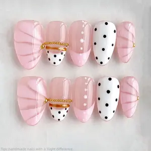 10Pcs Handmade Pink Polka Dots Press On Nails, Almond Nails, Short Nails,Clean style, French Tip Fake Nails, Glossy Gold Chain Nail Art For Women and Girls Spring and Summer
