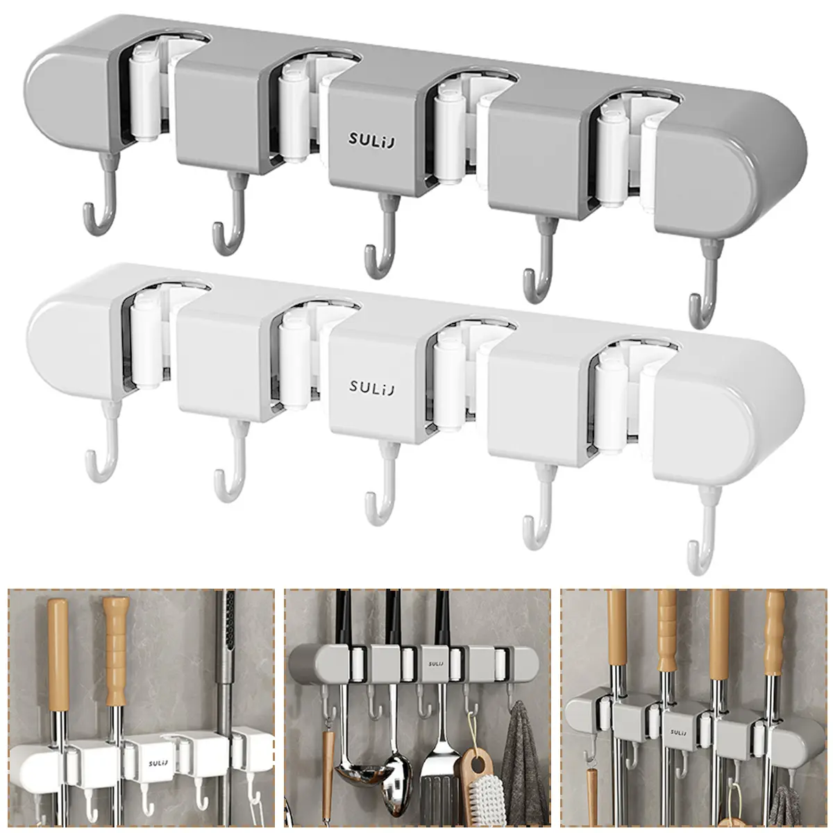 Clearance！Broom Mop Holder with Hooks Wall Mounted Broom Storage Rack No Drilling Self-Adhesive Mop Broom Organizer Mop Holder Hangable for Bathroom Office Kitchen Closet Garage