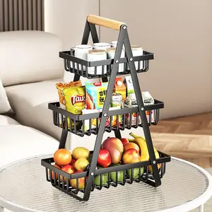 2/3 Layer Iron Drain Basket with Wood Handle, Detachable Metal Mesh Food Safety Countertop Organizer, Kitchen Bathroom Fruit Vegetable Storage