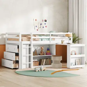 Twin Size Low Loft Bed with Desk and Storage, Twin Size Loft Bed with Portable Desk, Storage Drawers & Shelves, Wood Loft Bed with Bookshelf, White