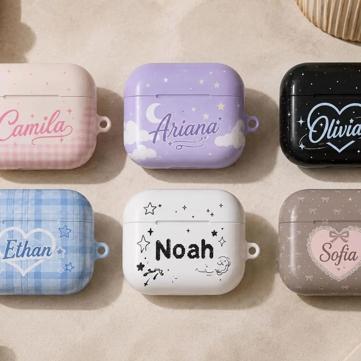 Personalized Aesthetic Airpods Case, Custom Name with Pastel Design Earbud Cover, Cute Gingham Stars Case Protective for AirPods 4 3 Pro 2