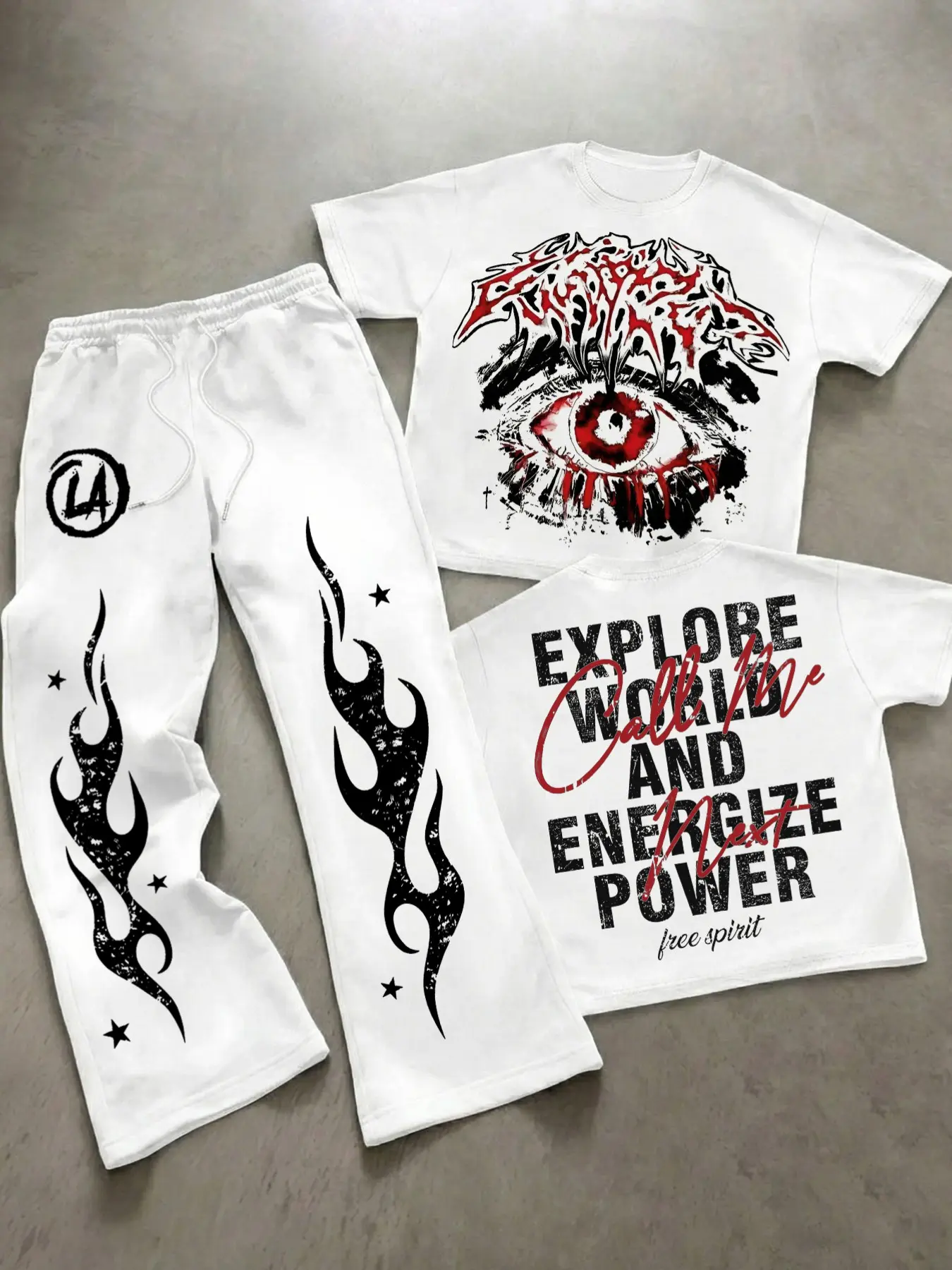 Y2K Grunge High Street Trendy Tracksuit Set - Oversized Eye Graphic Print T-Shirt with Flame Pattern Sweatpants - Streetwear Skater & Club Style 2-Piece Set - Dark Aesthetic Fashion Outfit
