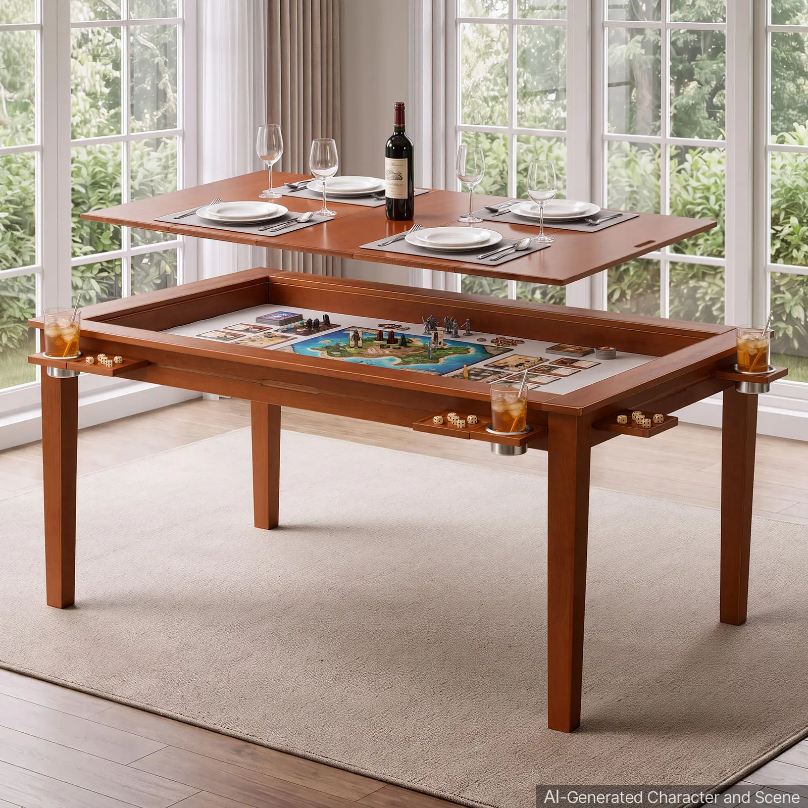 VEVOR Board Game Table 2-in-1 Gaming and Dining Table 63 x 39.4 x 30 in, Roomy for 6 Players, with Removable Tabletop, Leather Gaming Mat, 6 Cup Holders & Sliding Trays, 440LBS Solid Wood Support