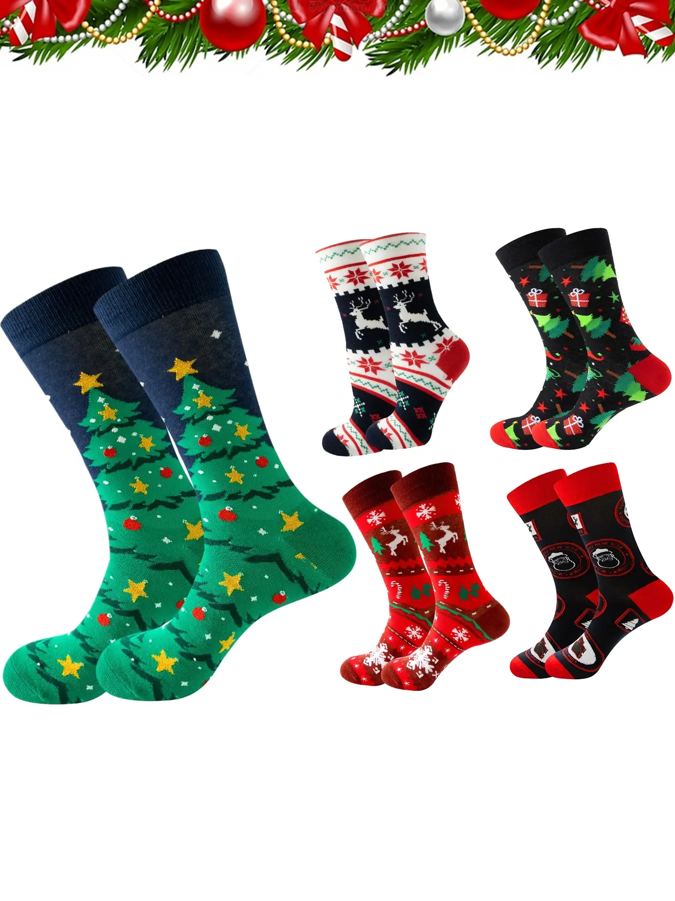 Men's 5-Piece Set Christmas Eve Mid-Calf Socks for Fall/Winter Stylish, Unique, Trendy Mid-Calf Cotton Socks Christmas Tree & Santa Claus Mid-Calf Socks for Fall/Winter