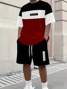 Men's Summer Colorblock Patchwork Short Sleeve Shorts Set, Trendy Casual Sportswear Two-Piece, Comfortable and Stylish