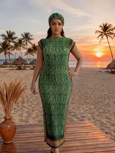 Women's Elegant Tie-Dye Chic Pattern Slim-Fitting Long Dress Set, Beach Cover Ups Shawl & Scarf, Sun Protective Silk Wrap for All Seasons, Beach Outdoor Wear