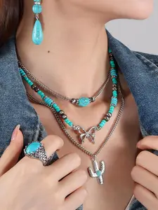 Vintage Turquoise Decor Layered Dainty Boho Necklace, Boho Style Multi-layer Daily Wear Necklace for Women & Girls, Fashion Jewelry for Party, Daily Decor, Fashion Jewelry Accessories, Jewelry for Birthday Gift