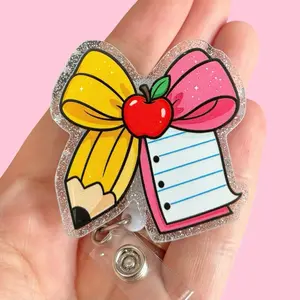Glitter My Badge teacher pencil bow badge reel for nurse and hospital workers. Badge clip Badge pull - Retractable swivel clip with a 360 rotation. Great gift for coworker.