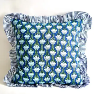 Blue Floral Pillow Shams 18"x18" 100% Cotton Ruffle Design Machine Washable Dryer Safe Hand Block Printed in India